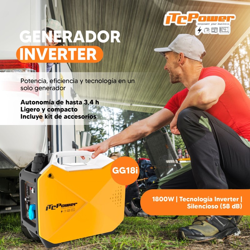 NOVO gerador Inverter com uma potência máxima de 1800w. Pequeno, transportável e funcional, ideal para utilização em lazer.
