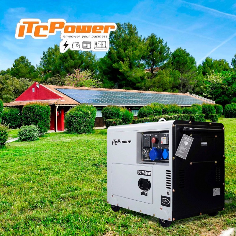 Melhor opção! Gerador ITCPower monofásico de 6300 W, insonorizado, com arranque elétrico. Para apoio a instalações solares ou em
