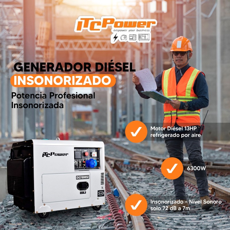 Melhor opção! Gerador ITCPower monofásico de 6300 W, insonorizado, com arranque elétrico. Para apoio a instalações solares ou em