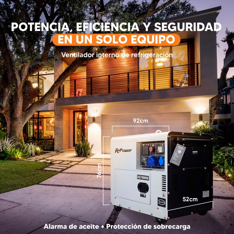 Melhor opção! Gerador ITCPower monofásico de 6300 W, insonorizado, com arranque elétrico. Para apoio a instalações solares ou em